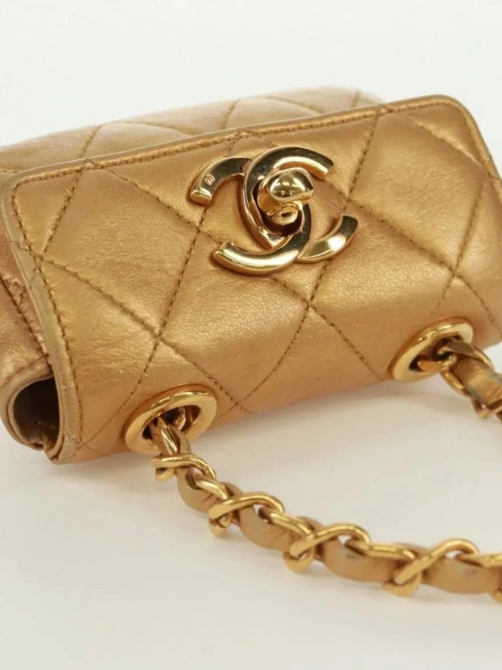 CHANEL Mini Matelasse 10 Chain Handle Pouch Lamb Skin Gold CC Auth 165375V